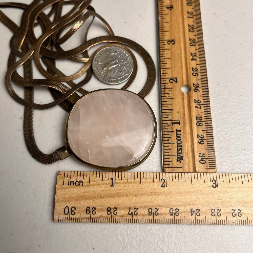 Lena Bernard Multi Strand Herringbone Necklace Rose Quartz Pendant Gold Tone VTG - Picture 7 of 12
